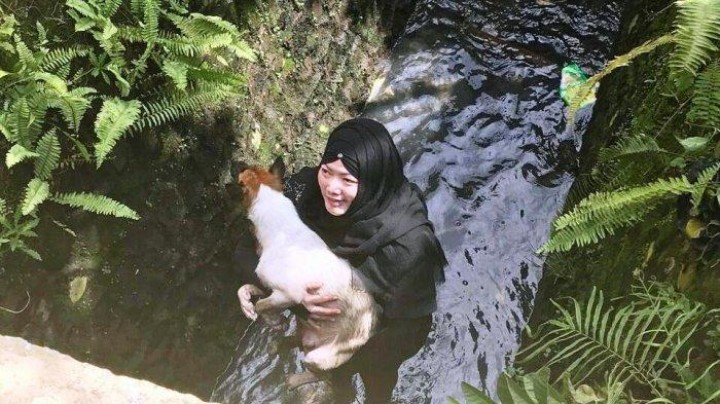 Selamatkan Anjing Terjebak di Selokan, Hijabers Ini Banjir Pujian