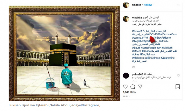 Lukisan Petugas Kebersihan Seorang Diri Bersimpuh di Depan Ka'bah