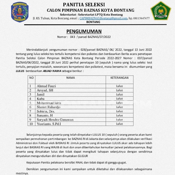 Ini Daftar 10 Nama Calon Ketua Baznas Bontang