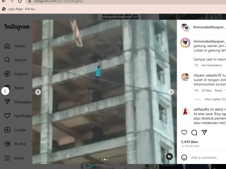 Viral Video Pria Bergantungan Lalu Jatuh dari Gedung di Batakan Balikpapan