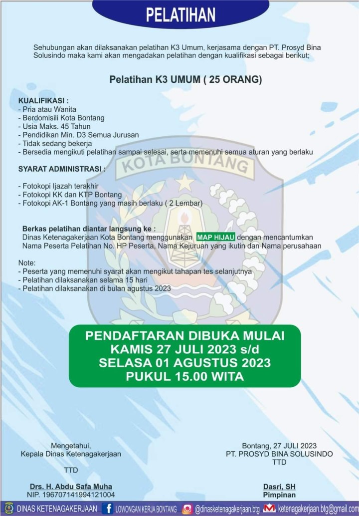 Gratis !! Disnaker Bontang Buka Pelatihan K3 Umum untuk 25 Orang