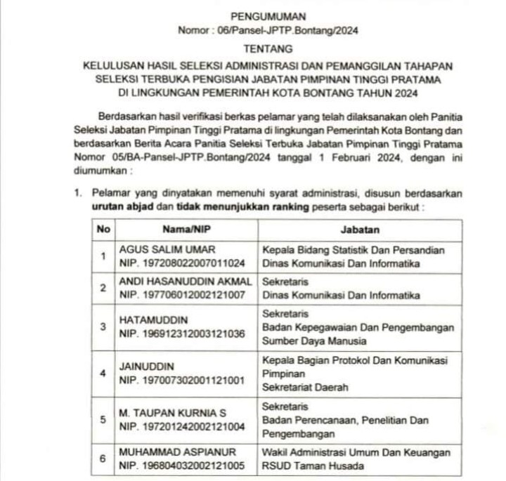 6 Pegawai Ikuti Lelang Jabatan Posisi Kepala Dinas Penanaman Modal-PTSP Bontang