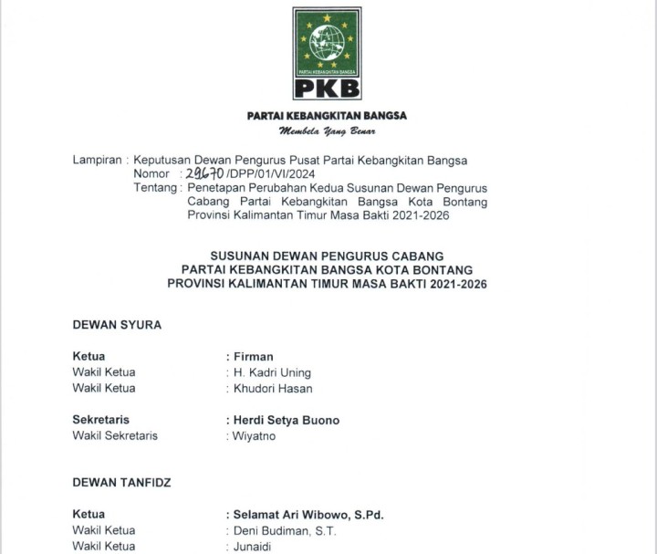 Pengurus PKB Bontang Dirombak, Anggota Dewan Terpilih Masuk Gerbong Baru