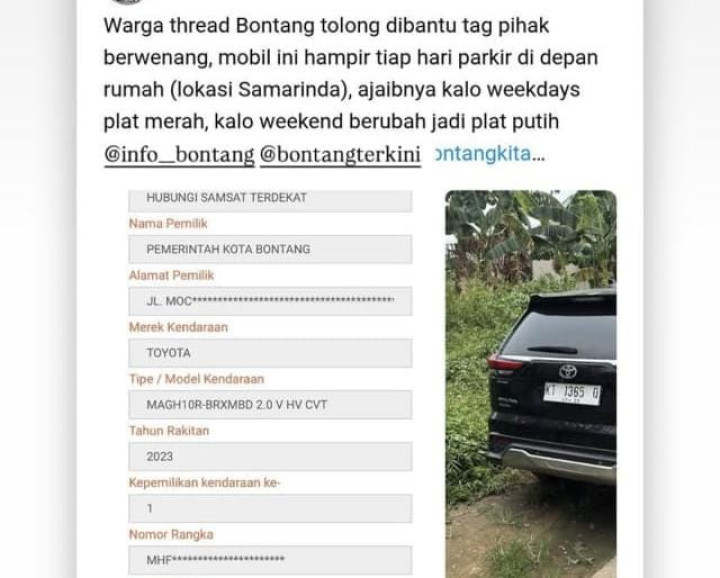 Viral Mobil Dinas Pemkot Bontang Kerap Parkir di Depan Rumah Warga Samarinda, Sering Gonta-ganti Plat